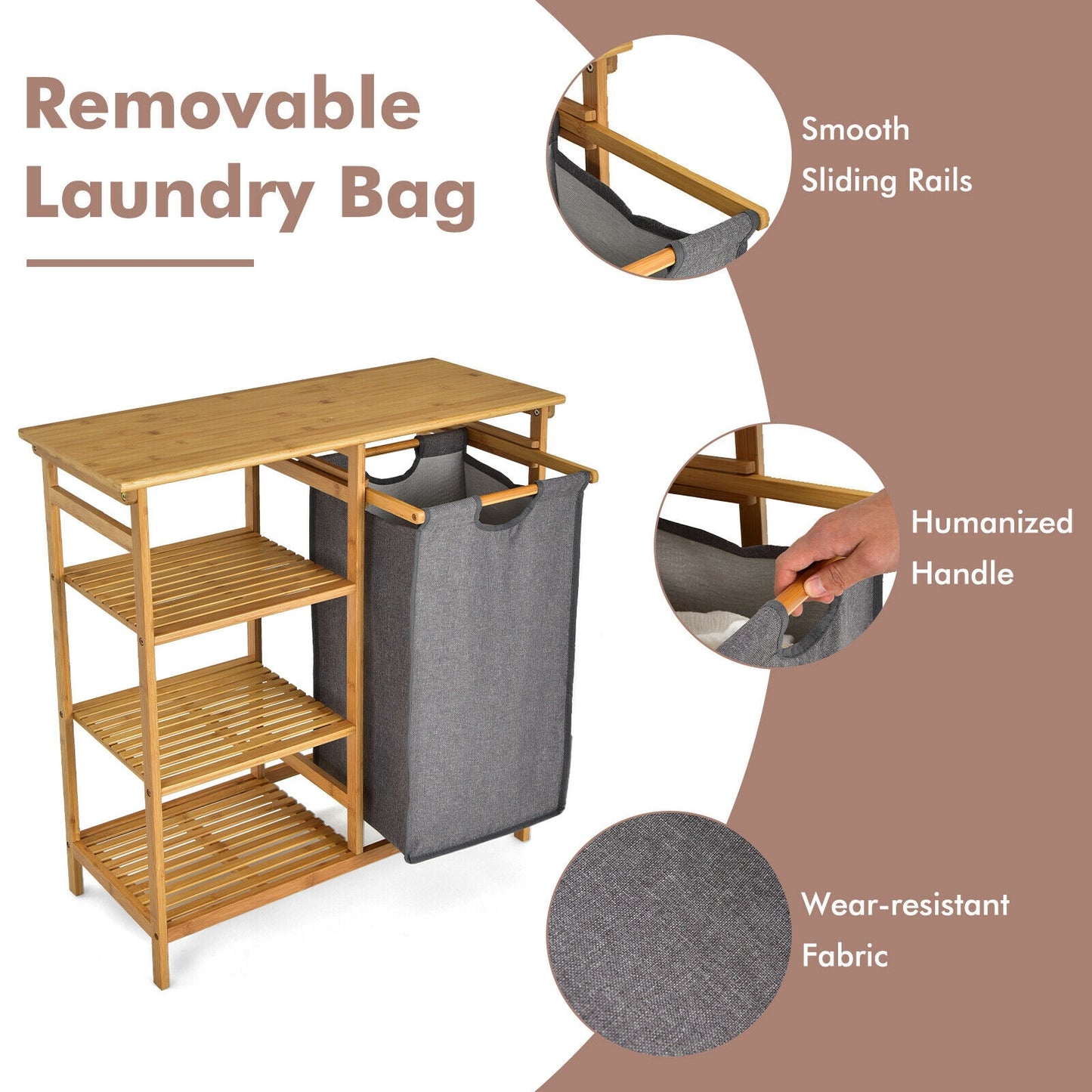 Bamboo Laundry Hamper Stand with Removable Sliding Bag and 3-Tier Open Shelves, Natural Floor Cabinets at Gallery Canada