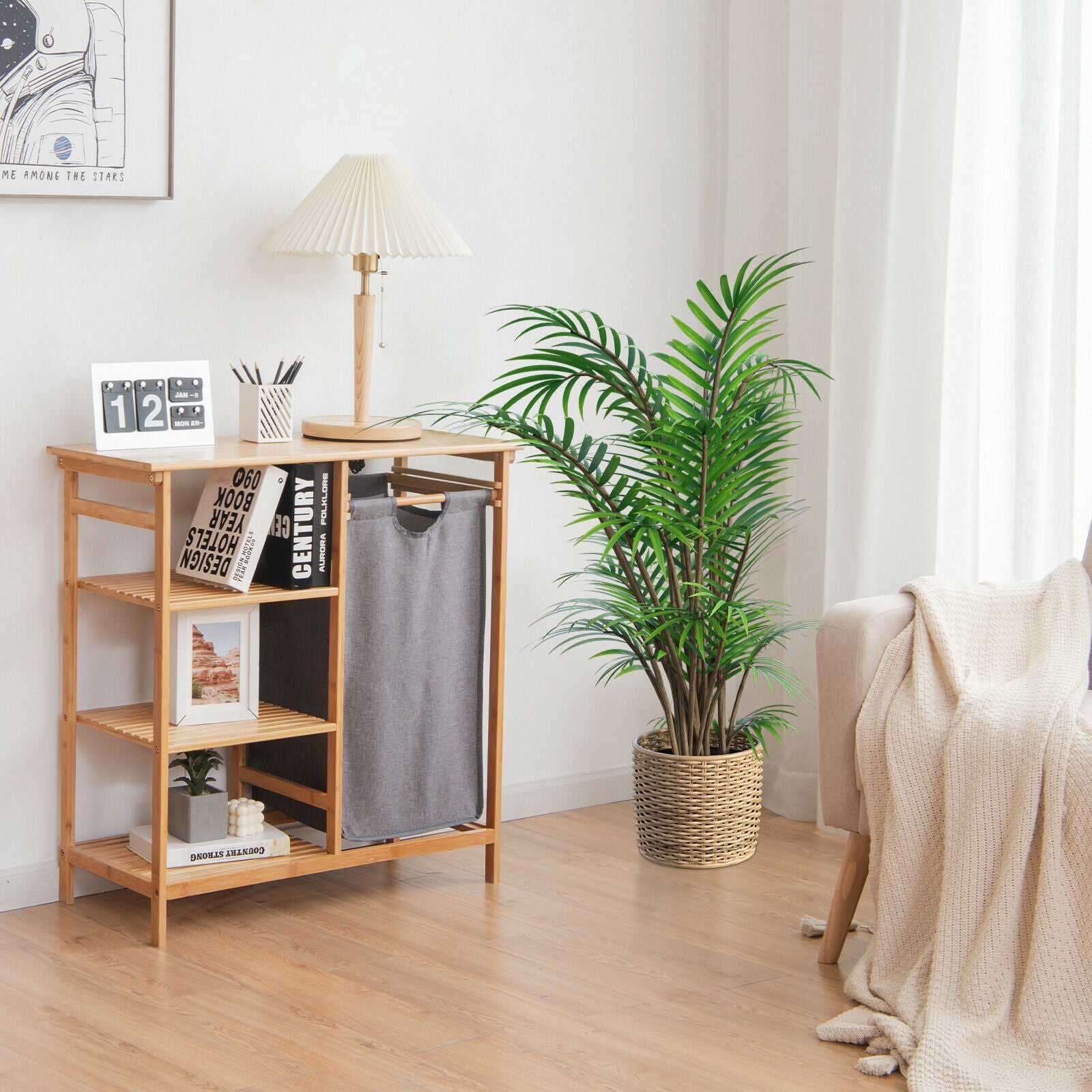 Bamboo Laundry Hamper Stand with Removable Sliding Bag and 3-Tier Open Shelves, Natural Floor Cabinets at Gallery Canada