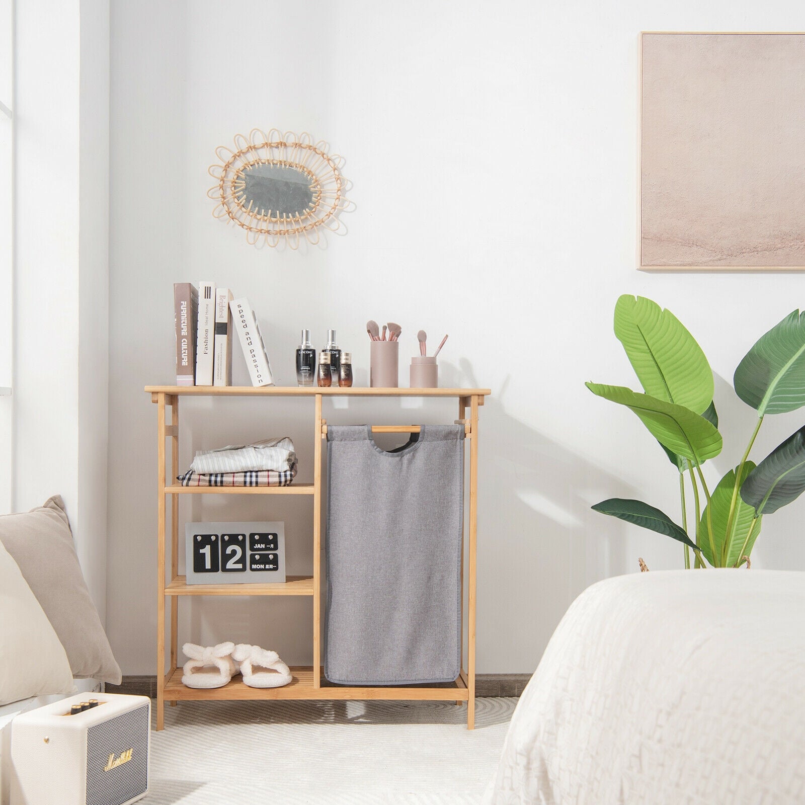 Bamboo Laundry Hamper Stand with Removable Sliding Bag and 3-Tier Open Shelves, Natural Floor Cabinets at Gallery Canada
