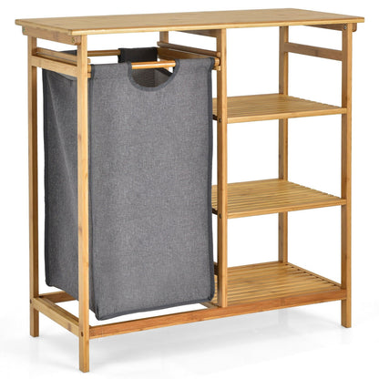 Bamboo Laundry Hamper Stand with Removable Sliding Bag and 3-Tier Open Shelves, Natural at Gallery Canada