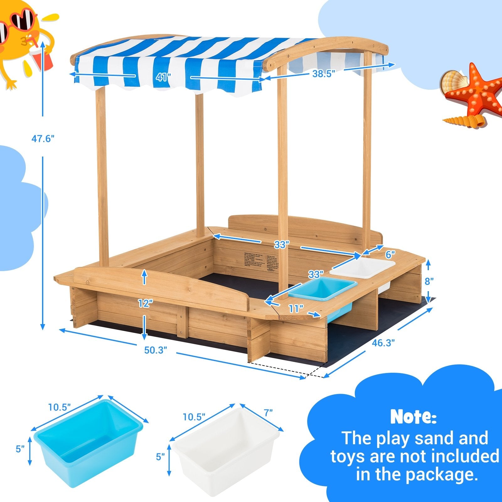 Kids Wooden Sandbox with Striped Canopy, Brown - Gallery Canada