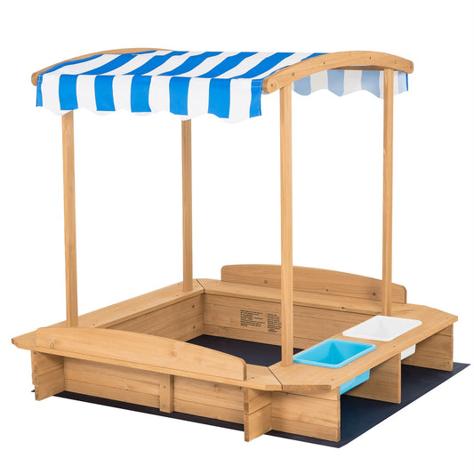 Kids Wooden Sandbox with Striped Canopy, Brown
