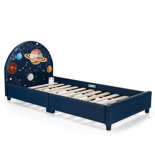 Twin Size Upholstered Platform Bed, Dark Blue Toddler Beds Dark Blue at Gallery Canada