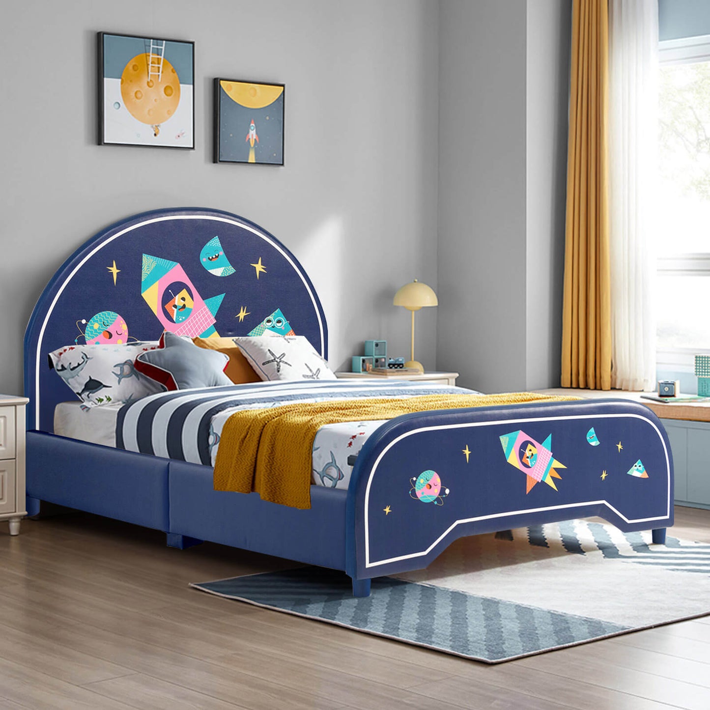 Twin Size Upholstered Platform Children Single Bed, Dark Blue Toddler Beds at Gallery Canada