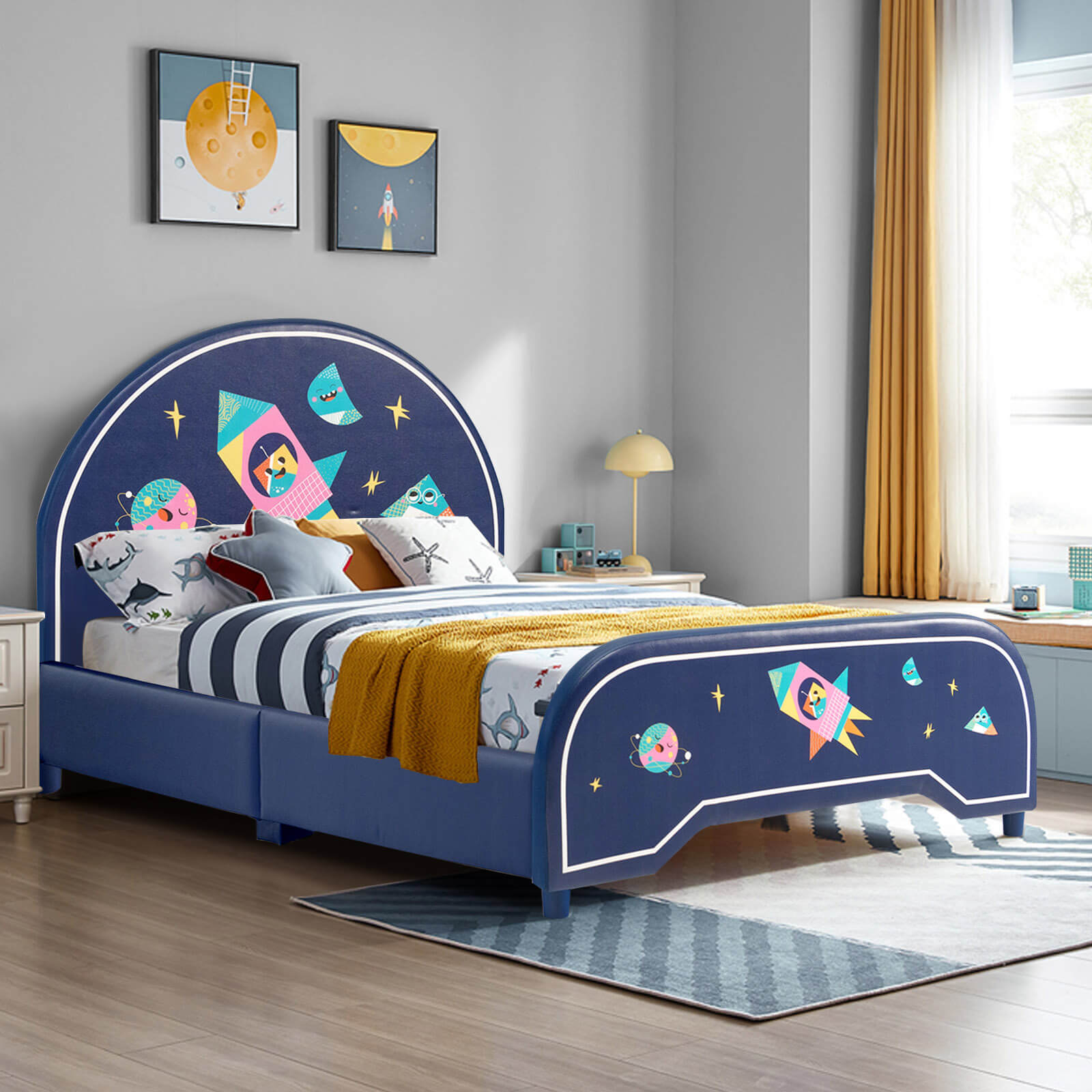 Twin Size Upholstered Platform Children Single Bed, Dark Blue Toddler Beds at Gallery Canada