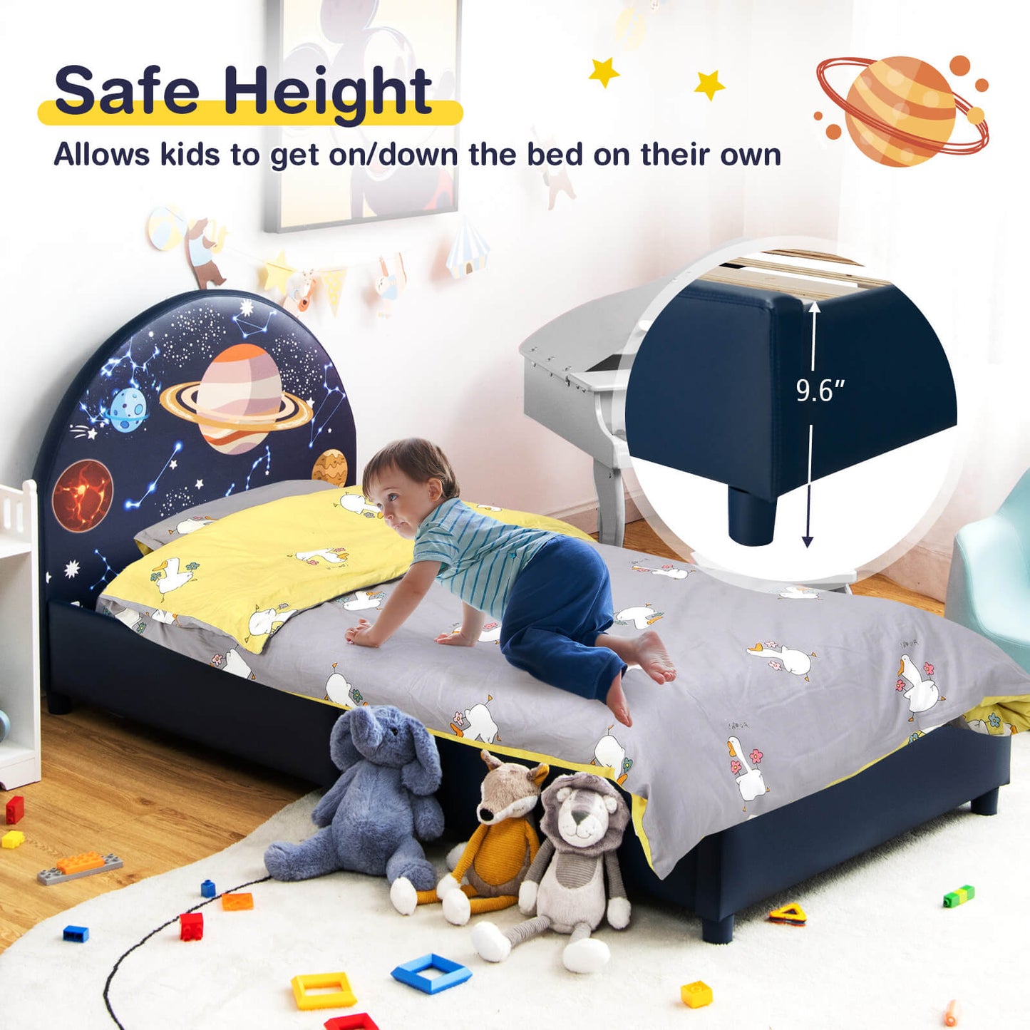 Twin Size Upholstered Platform Children Single Bed, Dark Blue Toddler Beds at Gallery Canada