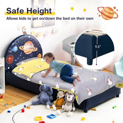 Twin Size Upholstered Platform Children Single Bed, Dark Blue Toddler Beds at Gallery Canada