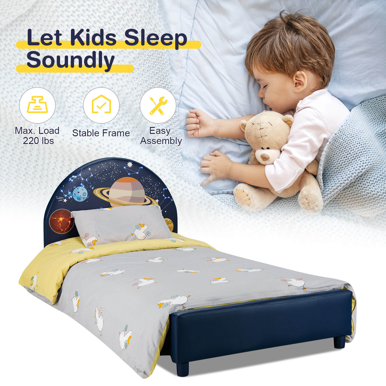 Twin Size Upholstered Platform Children Single Bed, Dark Blue Toddler Beds at Gallery Canada