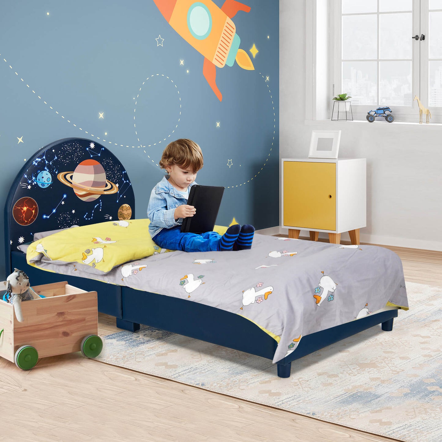 Twin Size Upholstered Platform Children Single Bed, Dark Blue Toddler Beds at Gallery Canada