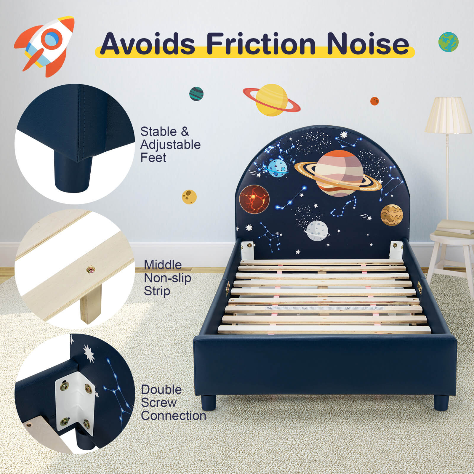 Twin Size Upholstered Platform Children Single Bed, Dark Blue Toddler Beds at Gallery Canada