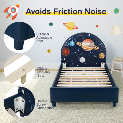 Twin Size Upholstered Platform Children Single Bed, Dark Blue Toddler Beds at Gallery Canada