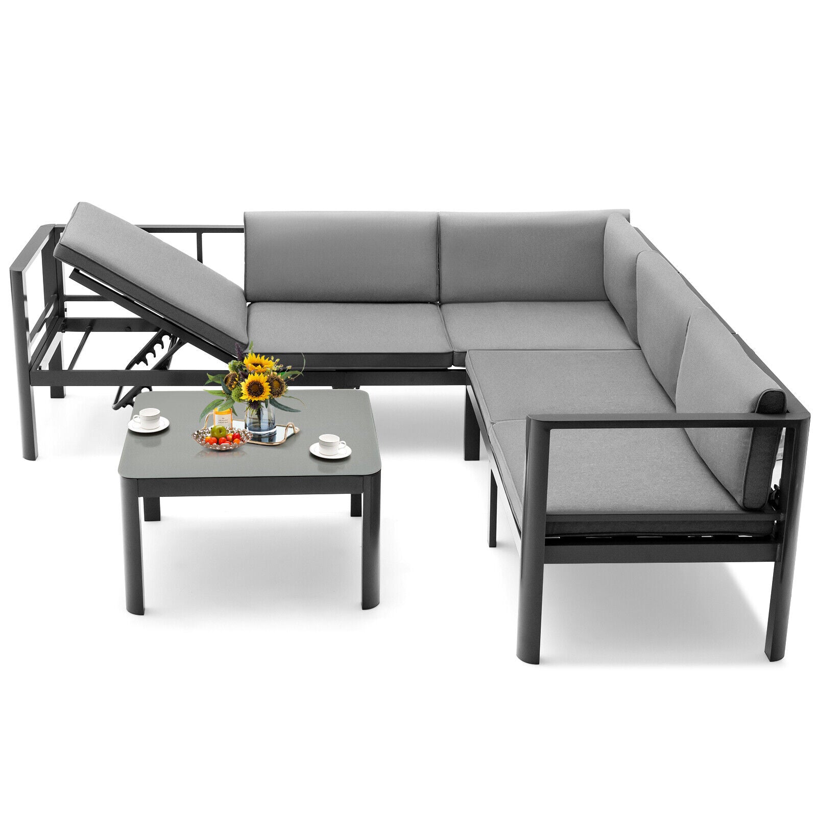 3 Pieces Aluminum Patio Furniture Set with 6-Level Adjustable Backrest, Gray Outdoor Sectionals Gray at Gallery Canada