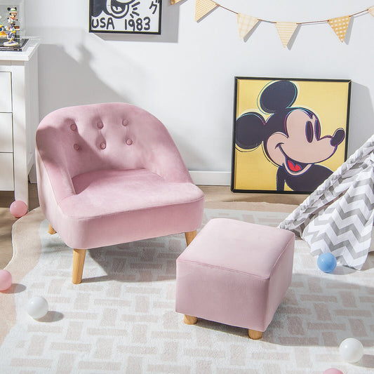 Soft Velvet Upholstered Kids Sofa Chair with Ottoman, Pink - Gallery Canada