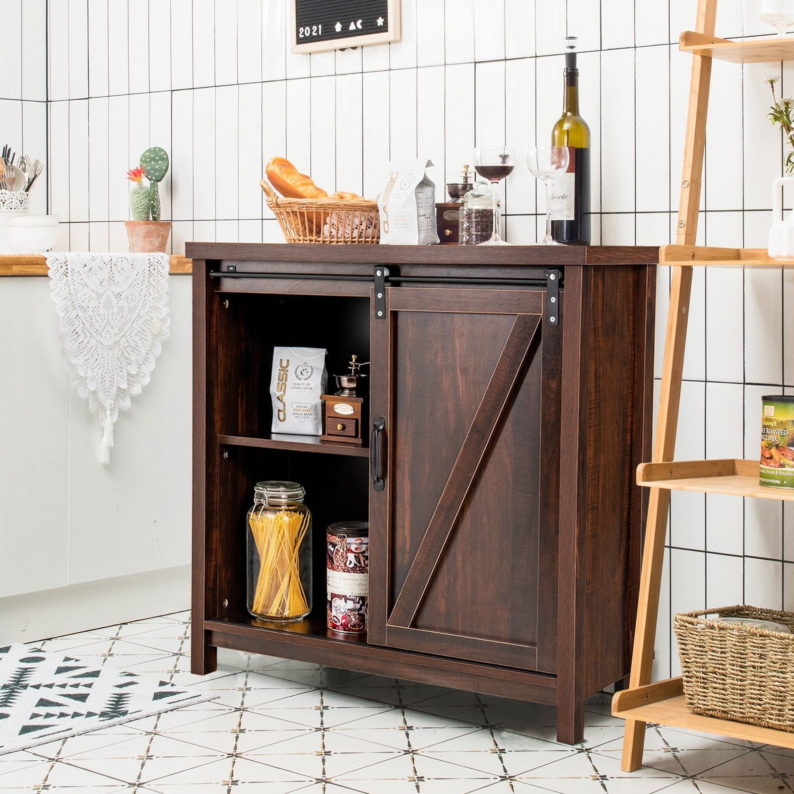 Freestanding Kitchen Buffet Storage Cabinet with Sliding Barn Door, Brown - Gallery Canada