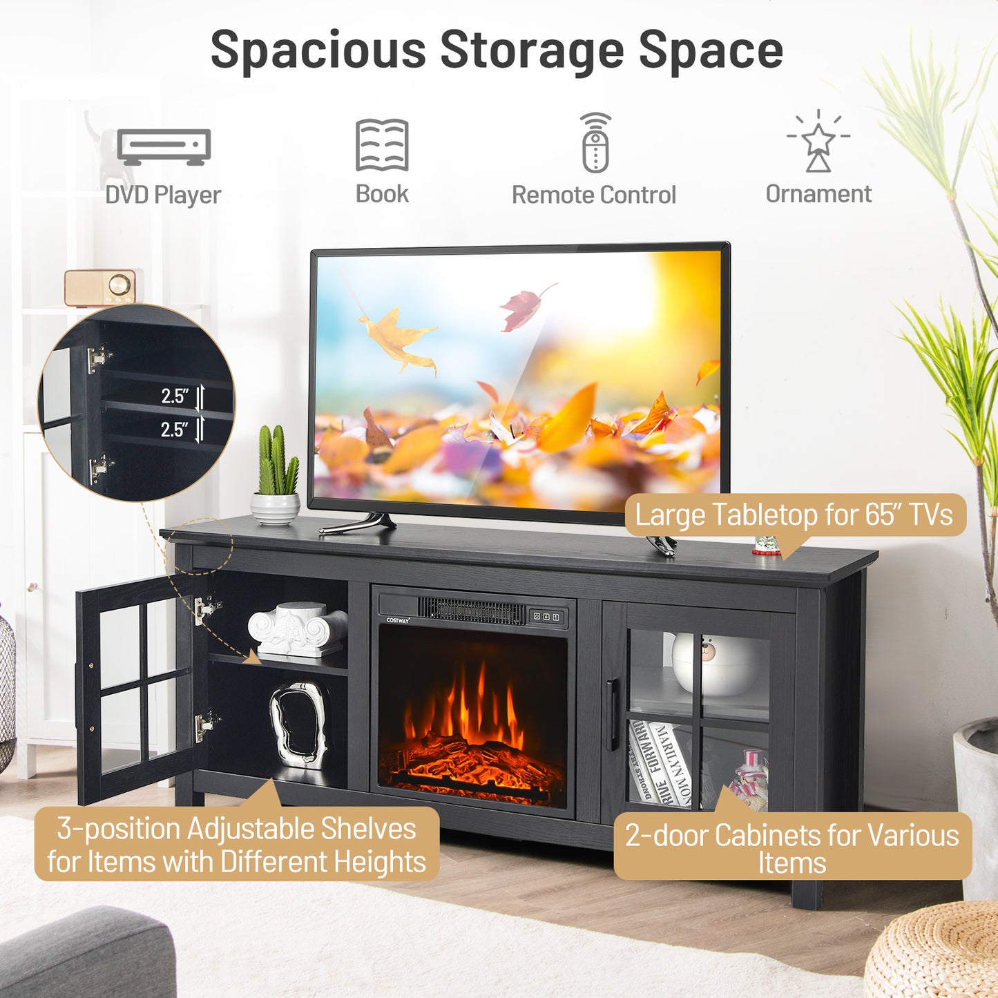 58 Inch Fireplace TV Stand, Remote, Fits 65 Inch TV, Black
