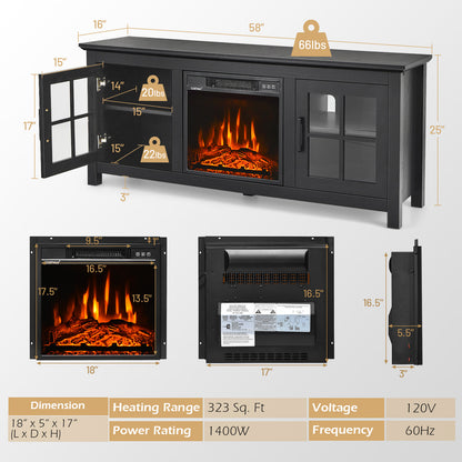 58 Inch Fireplace TV Stand, Remote, Fits 65 Inch TV, Black