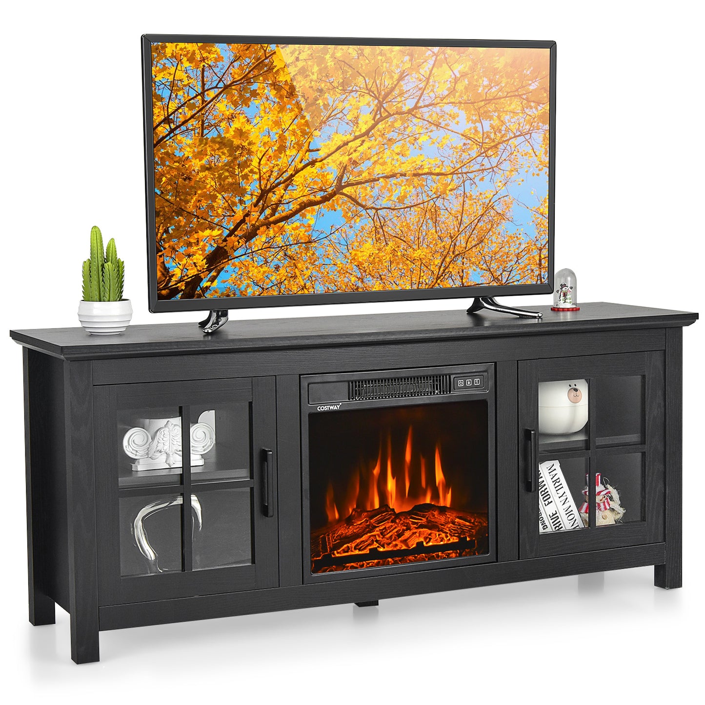 58 Inch Fireplace TV Stand, Remote, Fits 65 Inch TV, Black