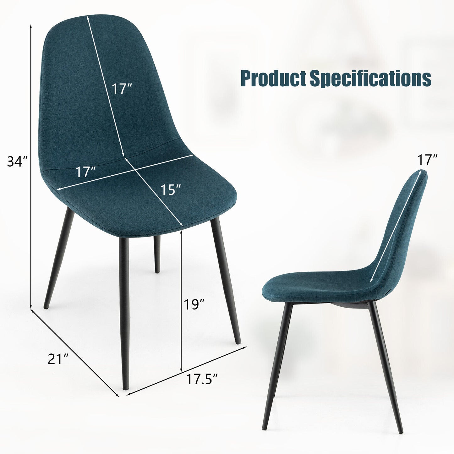 Set Of 2 Dining Chairs, Metal Legs, Black, Blue