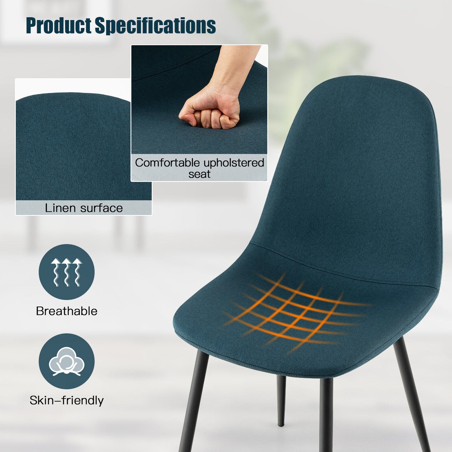 Set Of 2 Dining Chairs, Metal Legs, Black, Blue