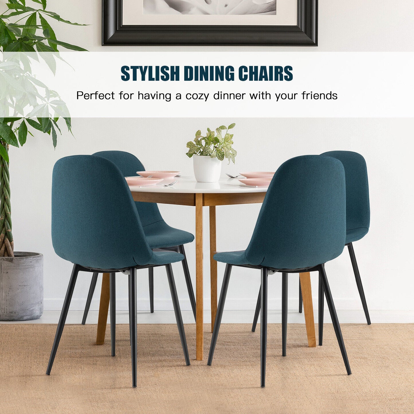 Set Of 2 Dining Chairs, Metal Legs, Black, Blue