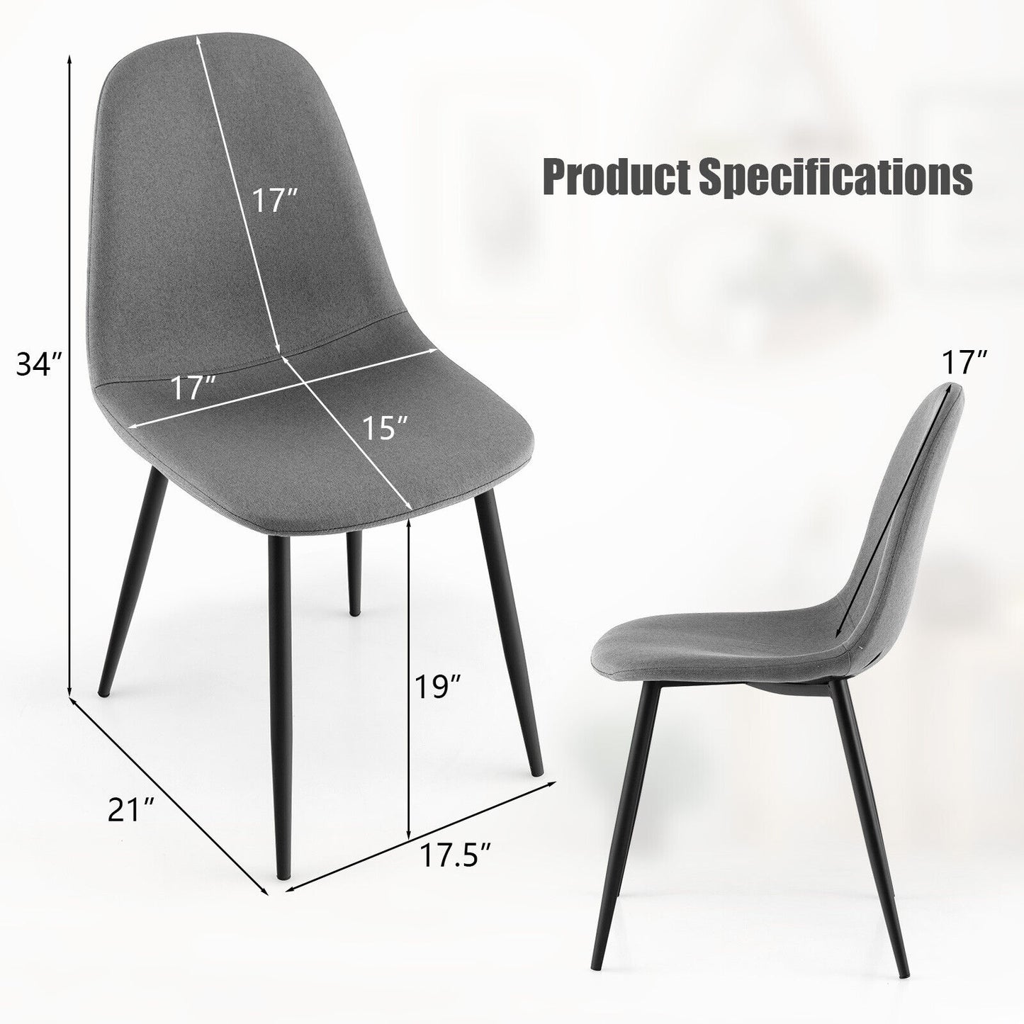 Dining Chairs Set of 2, Metal Legs, Gray, Black
