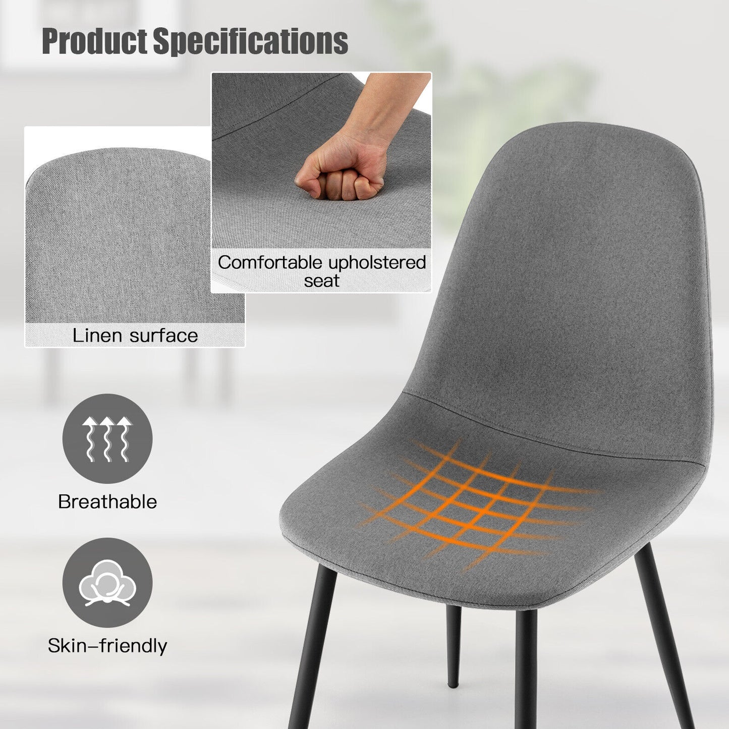 Dining Chairs Set of 2, Metal Legs, Gray, Black
