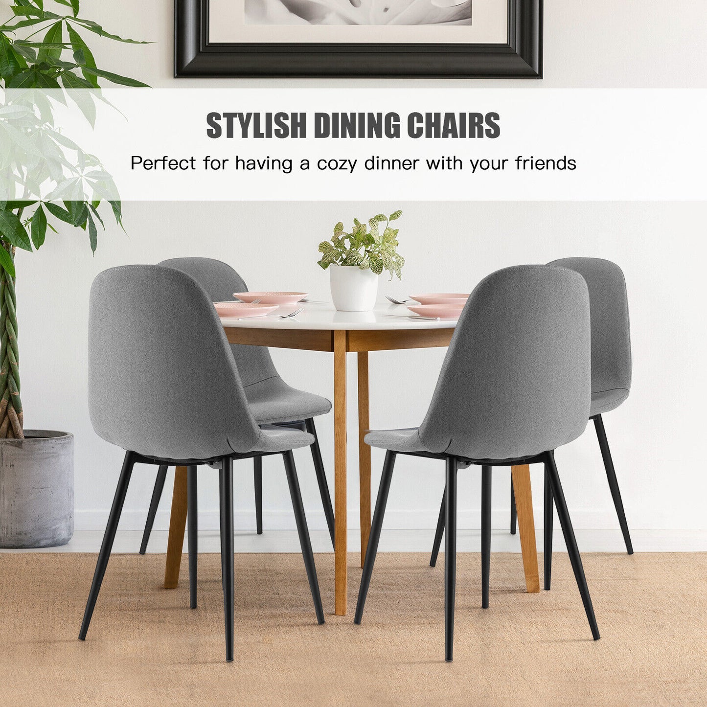 Dining Chairs Set of 2, Metal Legs, Gray, Black