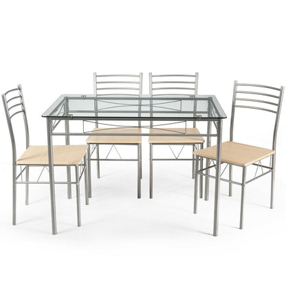 5 Piece Dining Set, Glass Table And 4 Chairs, Natural
