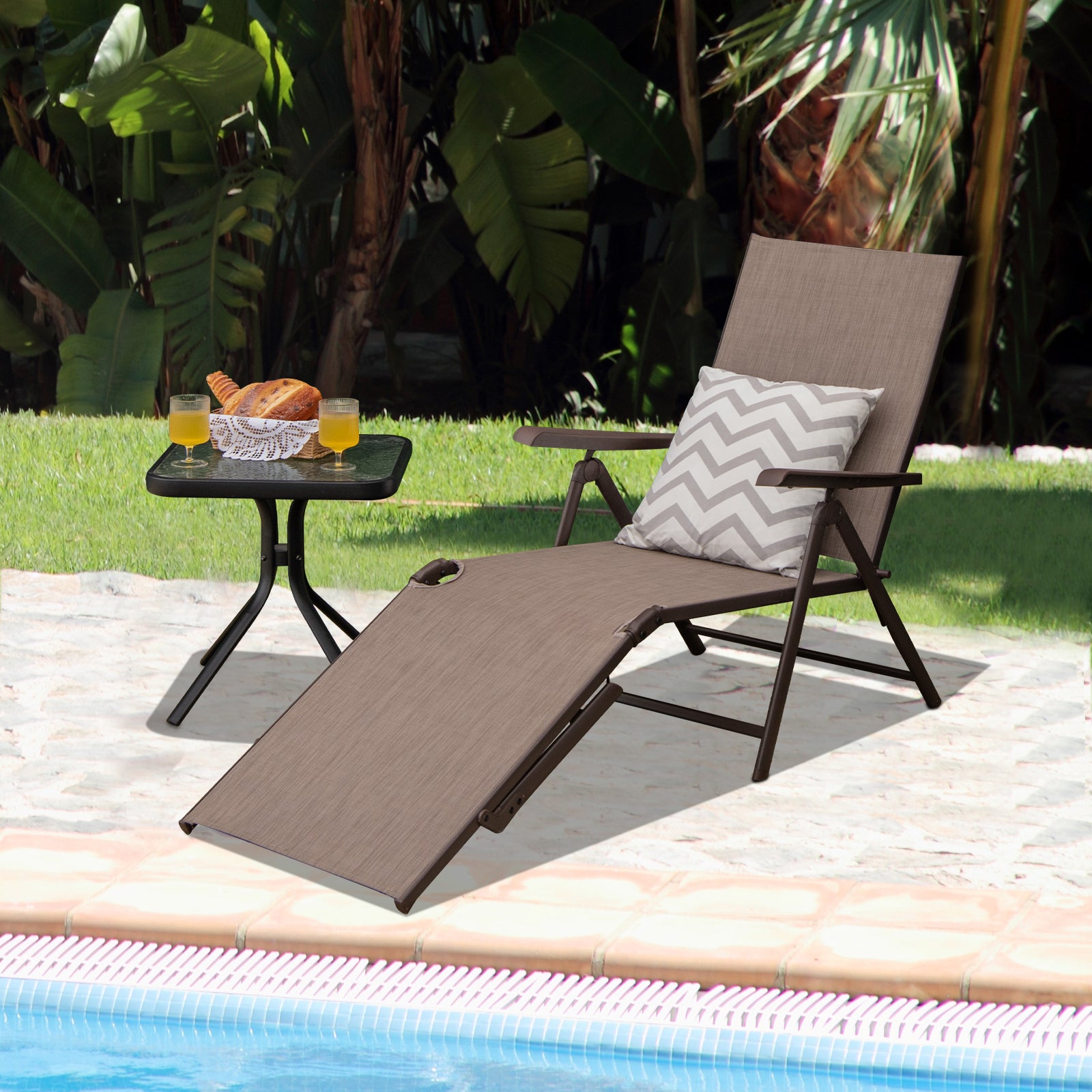 Patio Foldable Chaise Lounge Chair with Backrest and Footrest, Brown Outdoor Chaise Lounges at Gallery Canada