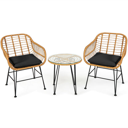 3 Pieces Rattan Furniture Set with Cushioned Chair Table, Black Patio Conversation Sets Black at Gallery Canada
