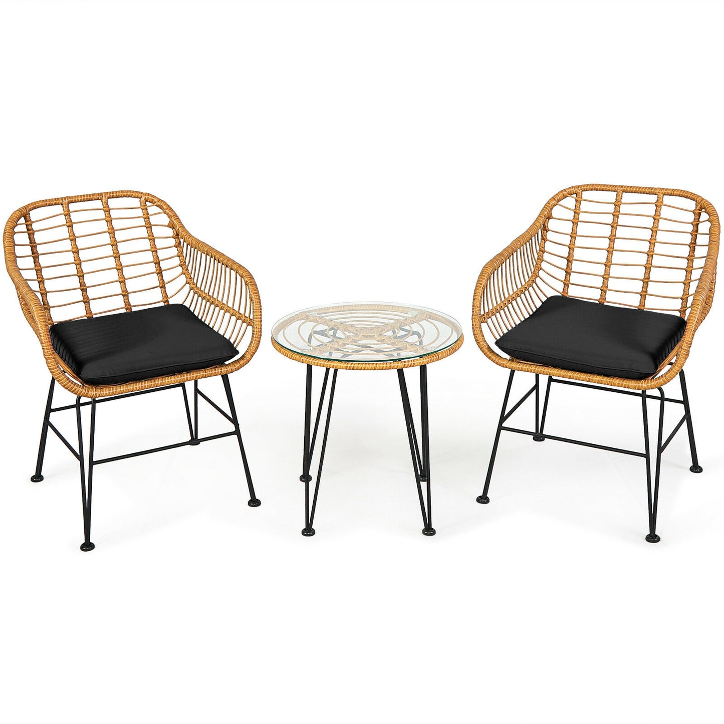 3 Pieces Rattan Furniture Set with Cushioned Chair Table, Black Patio Conversation Sets at Gallery Canada