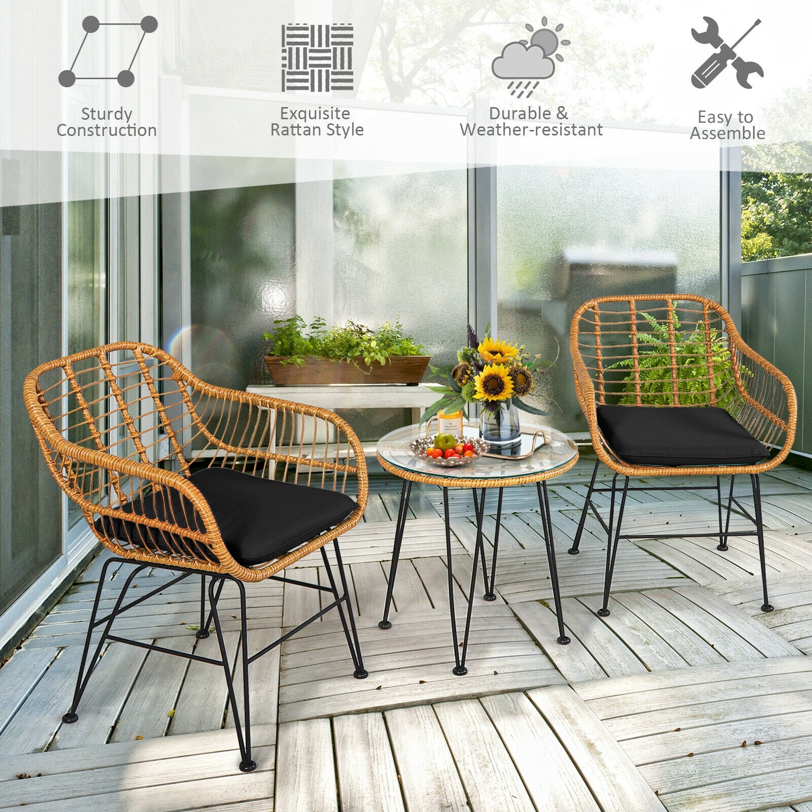 3 Pieces Rattan Furniture Set with Cushioned Chair Table, Black Patio Conversation Sets at Gallery Canada