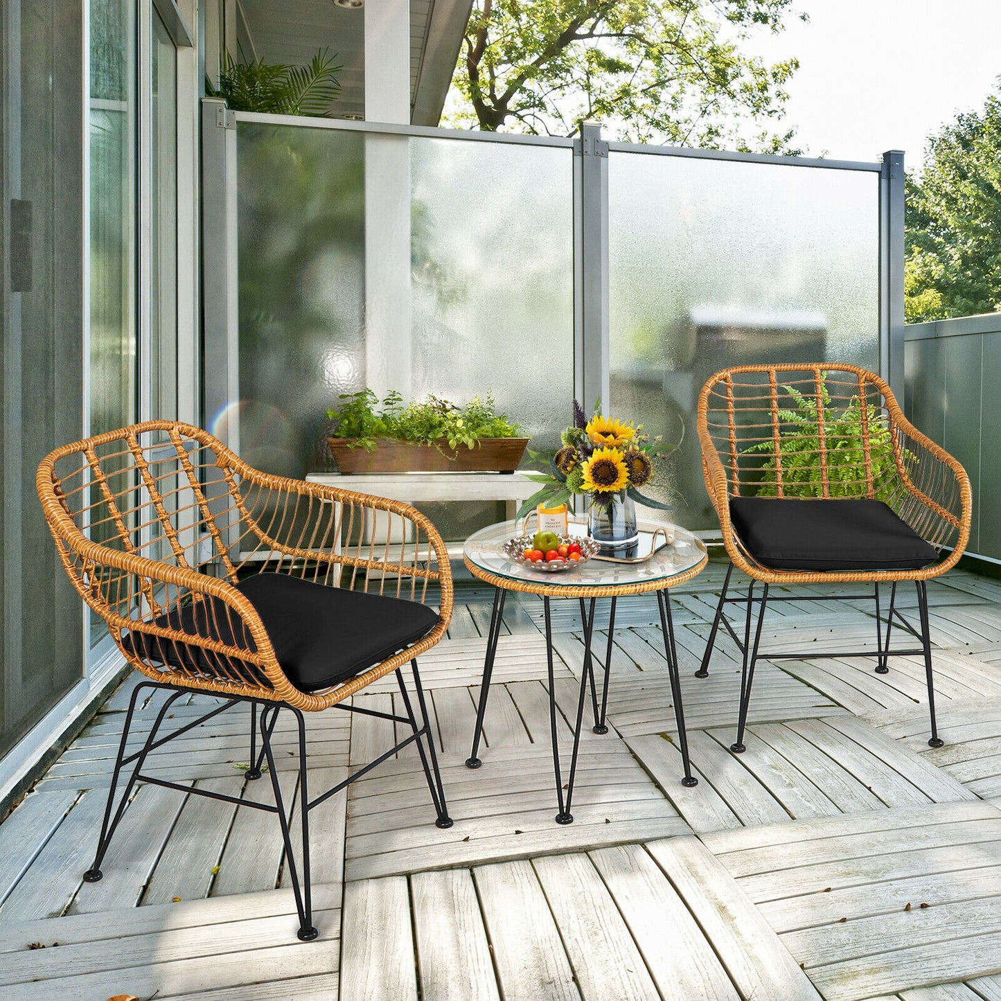 3 Pieces Rattan Furniture Set with Cushioned Chair Table, Black Patio Conversation Sets at Gallery Canada