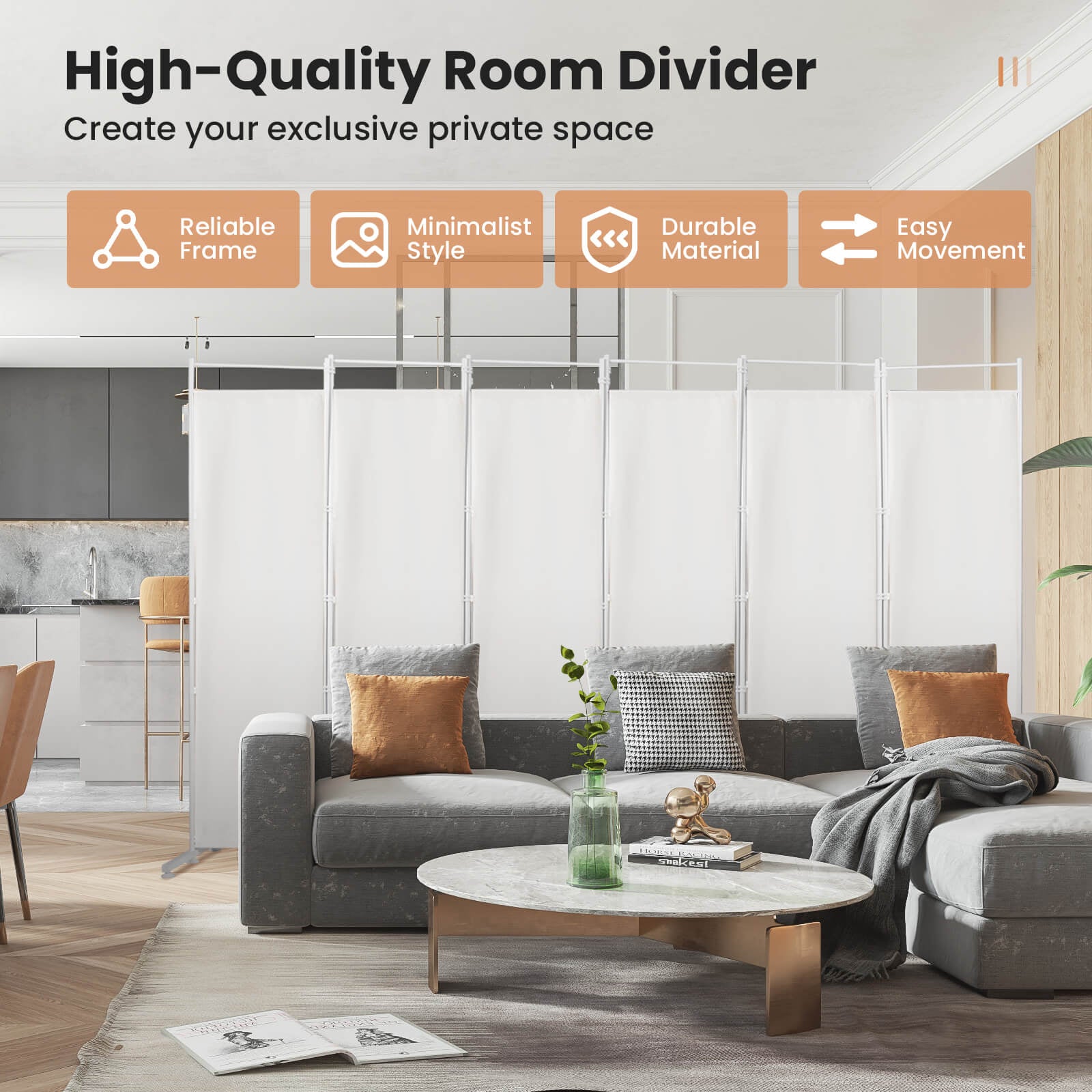 6-Panel Room Divider Folding Privacy Screen, White Room Dividers at Gallery Canada