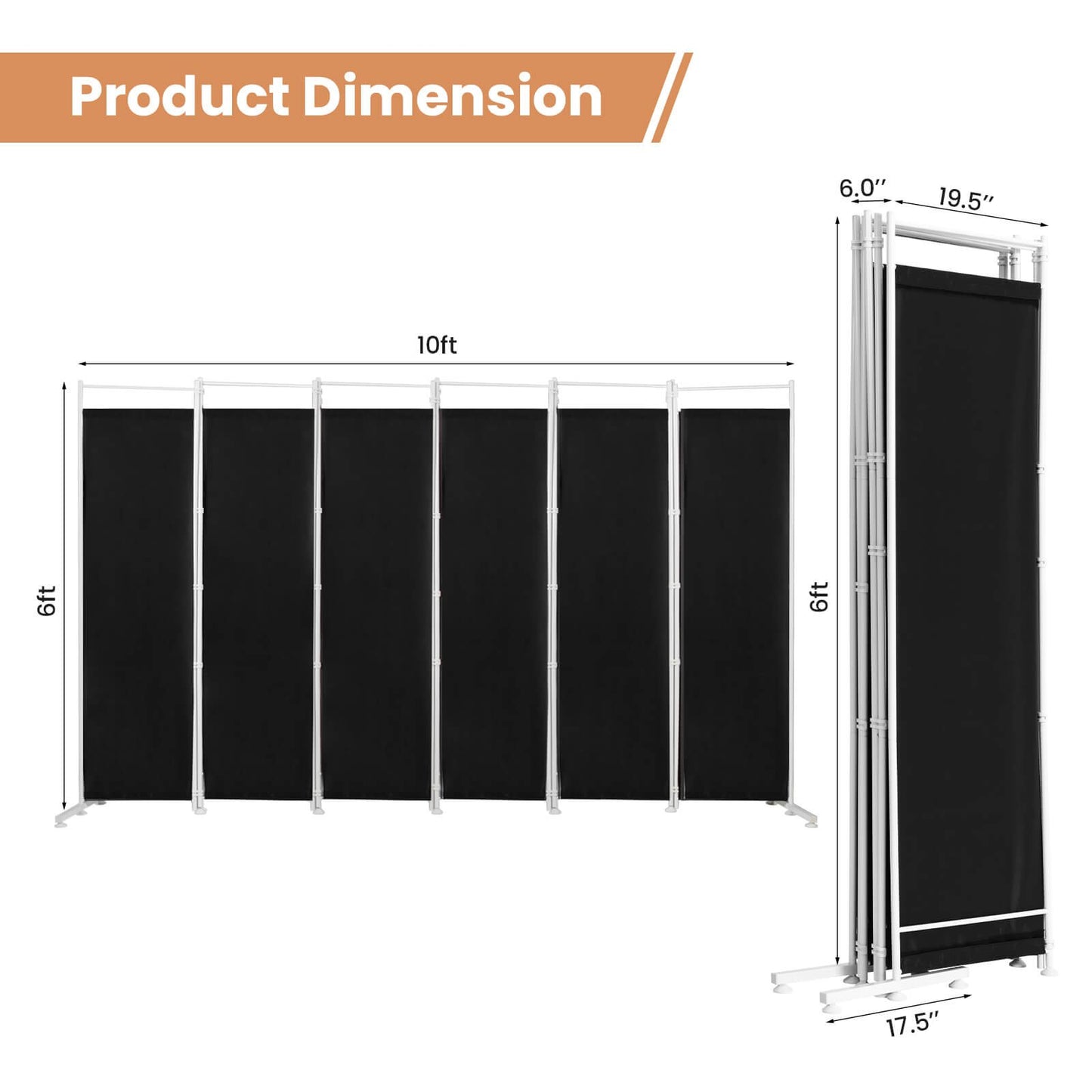 6-Panel Room Divider Folding Privacy Screen , Black - Gallery Canada