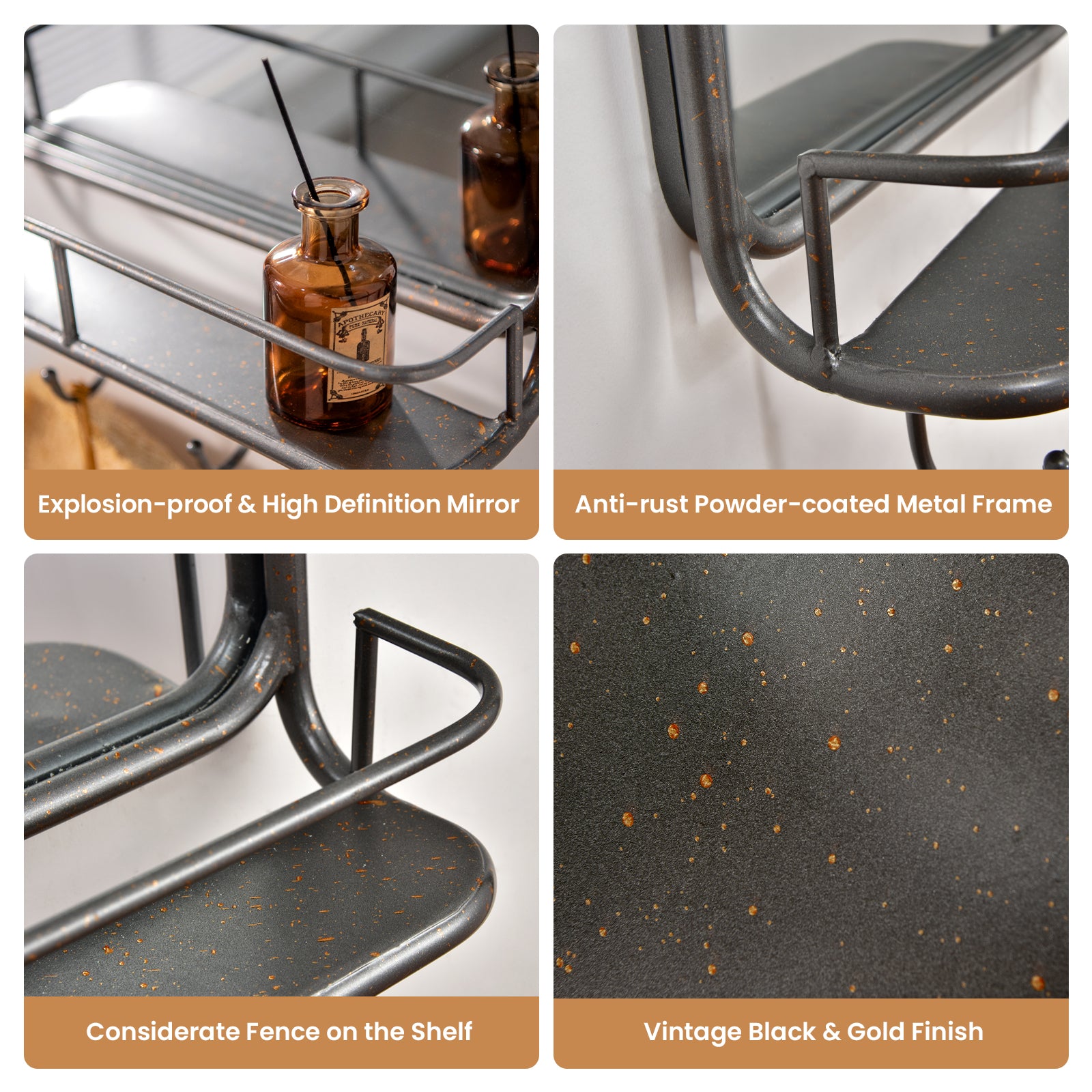 Wall Bathroom Mirror with Shelf Hooks Sturdy Metal Frame for Bedroom Living Room, Black Wall Mirrors at Gallery Canada