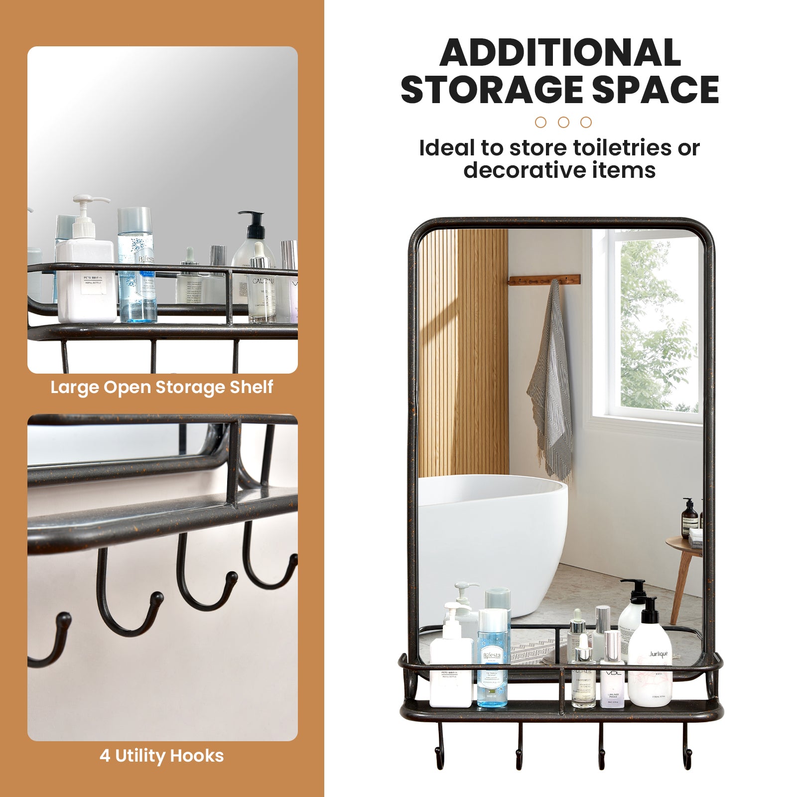 Wall Bathroom Mirror with Shelf Hooks Sturdy Metal Frame for Bedroom Living Room, Black Wall Mirrors at Gallery Canada