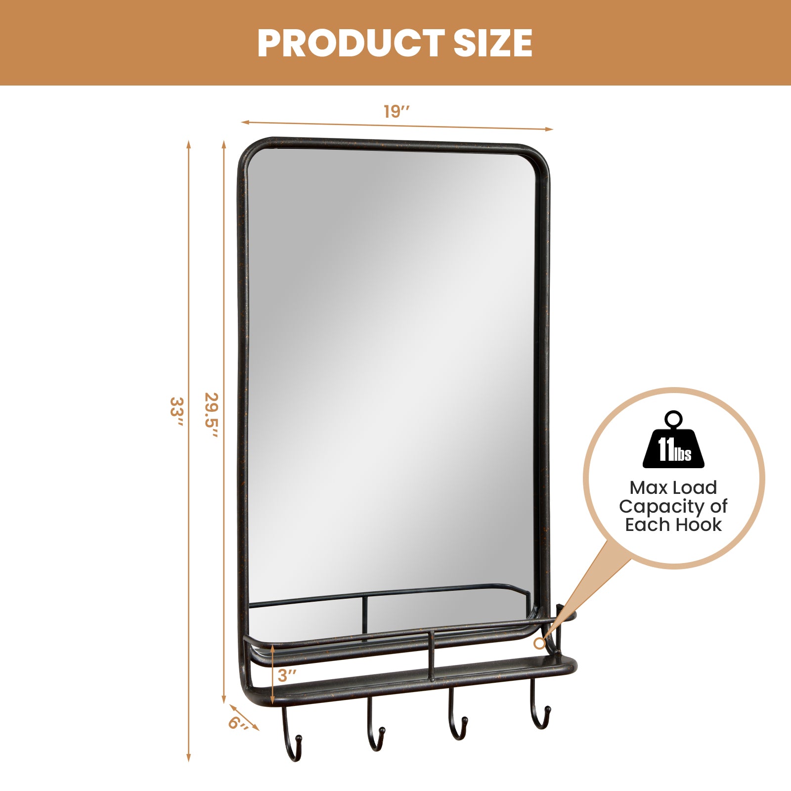 Wall Bathroom Mirror with Shelf Hooks Sturdy Metal Frame for Bedroom Living Room, Black Wall Mirrors at Gallery Canada