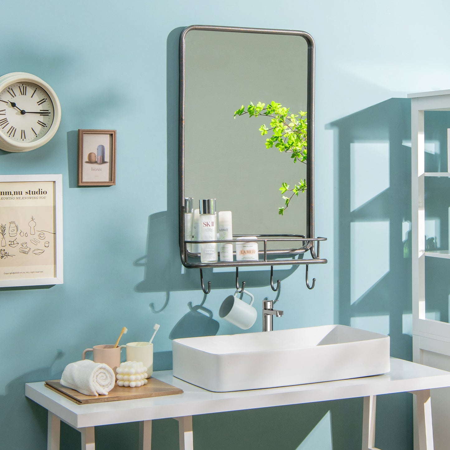 Wall Bathroom Mirror with Shelf Hooks Sturdy Metal Frame for Bedroom Living Room, Black Wall Mirrors at Gallery Canada