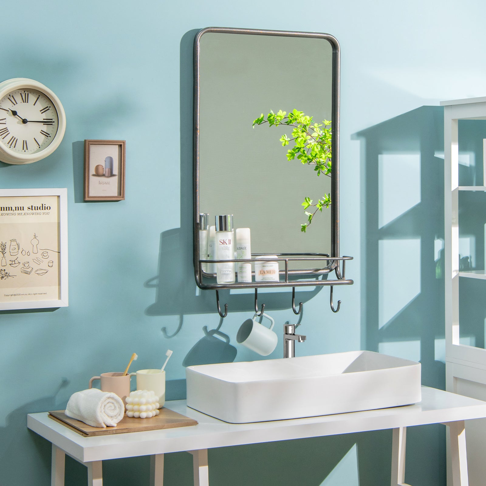 Wall Bathroom Mirror with Shelf Hooks Sturdy Metal Frame for Bedroom Living Room, Black Wall Mirrors at Gallery Canada