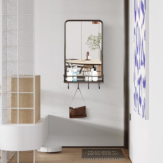 Wall Bathroom Mirror with Shelf Hooks Sturdy Metal Frame for Bedroom Living Room, Black - Gallery Canada