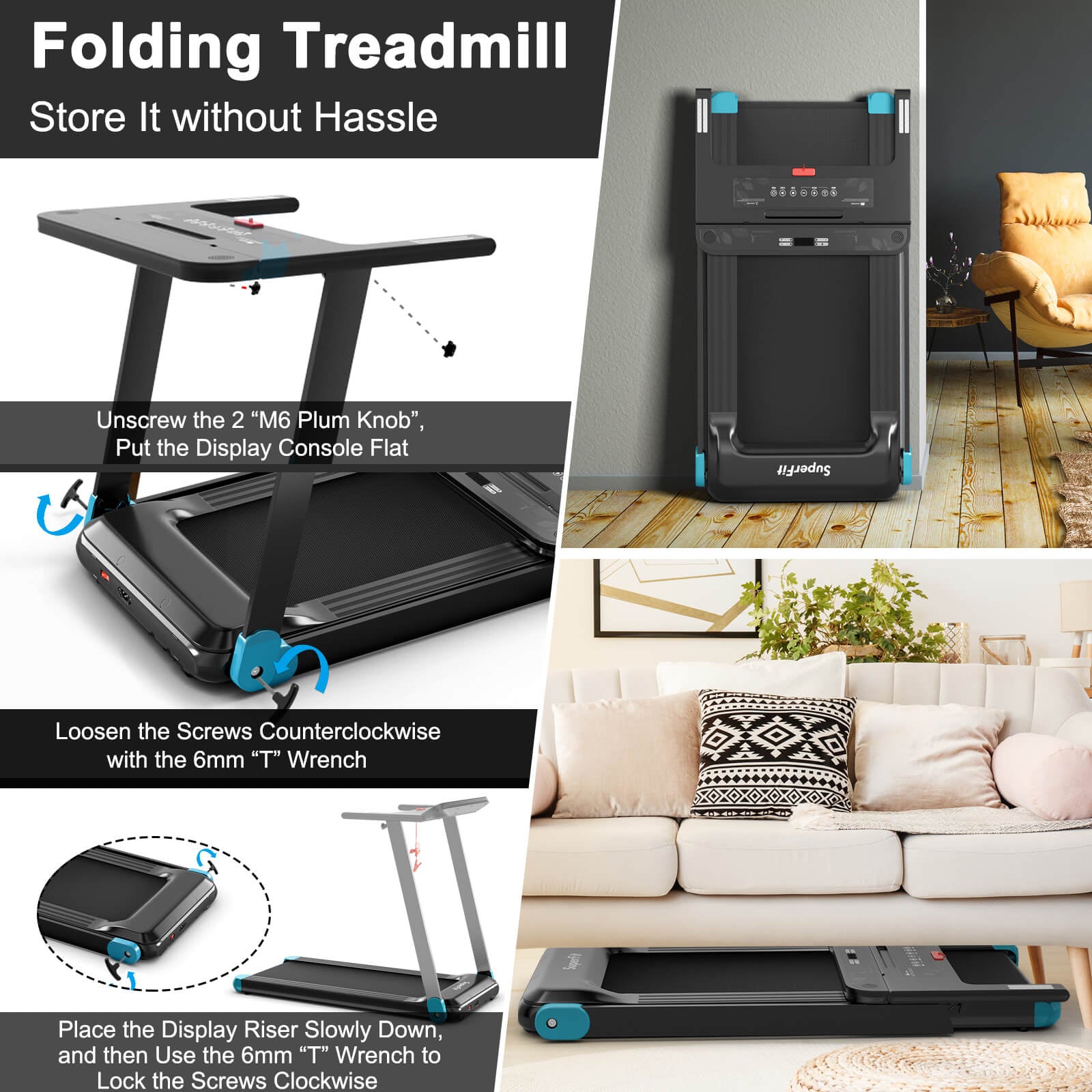 Folding Electric Compact Walking Treadmill with APP Control Speaker, Blue Treadmills at Gallery Canada
