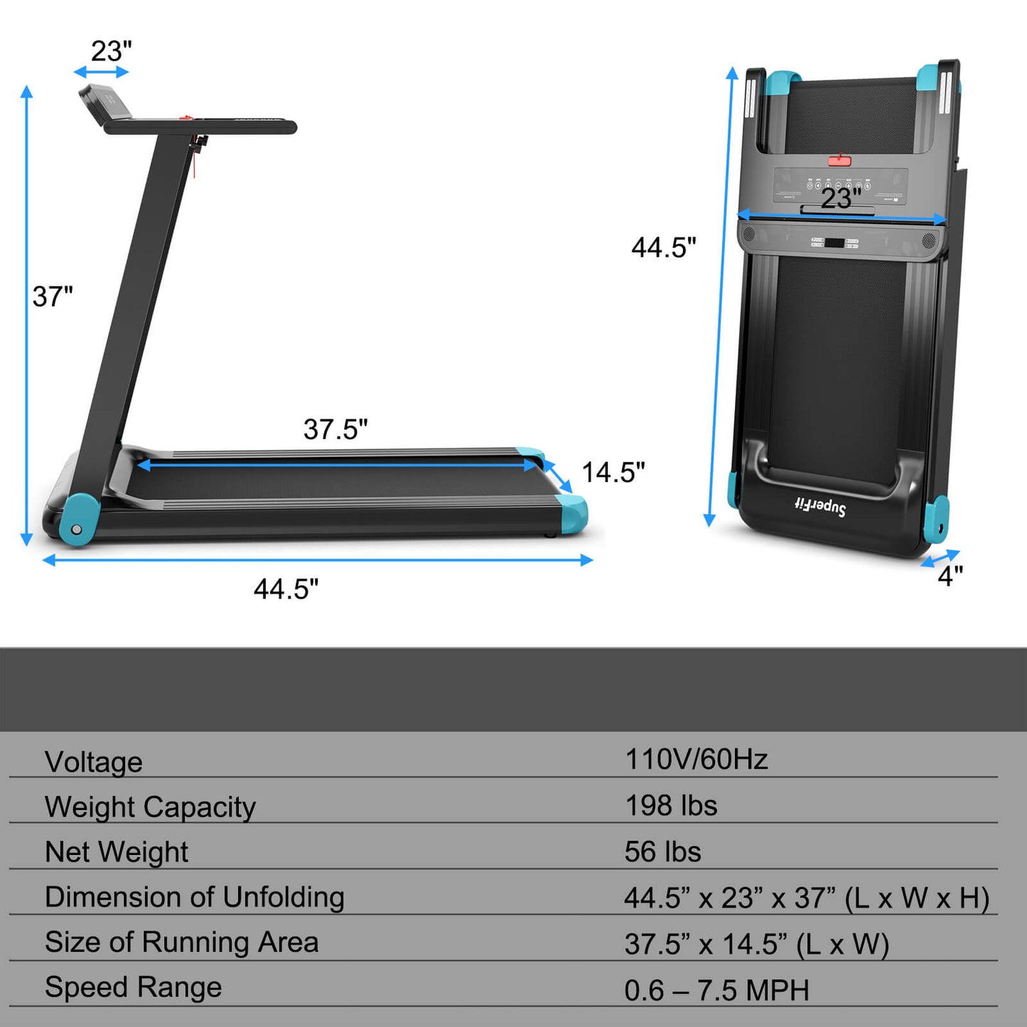Folding Electric Compact Walking Treadmill with APP Control Speaker, Blue Treadmills at Gallery Canada