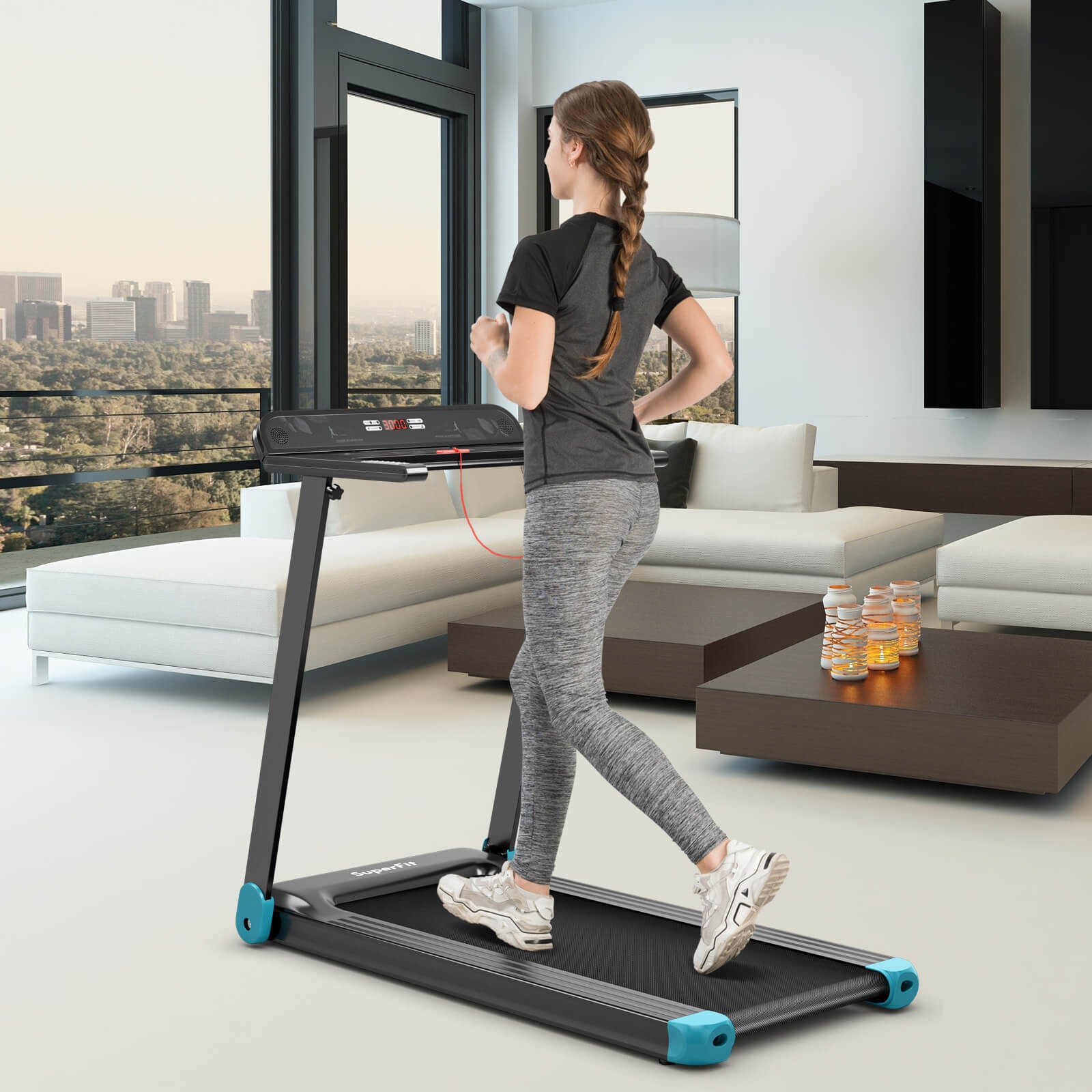 Folding Electric Compact Walking Treadmill with APP Control Speaker, Blue Treadmills at Gallery Canada