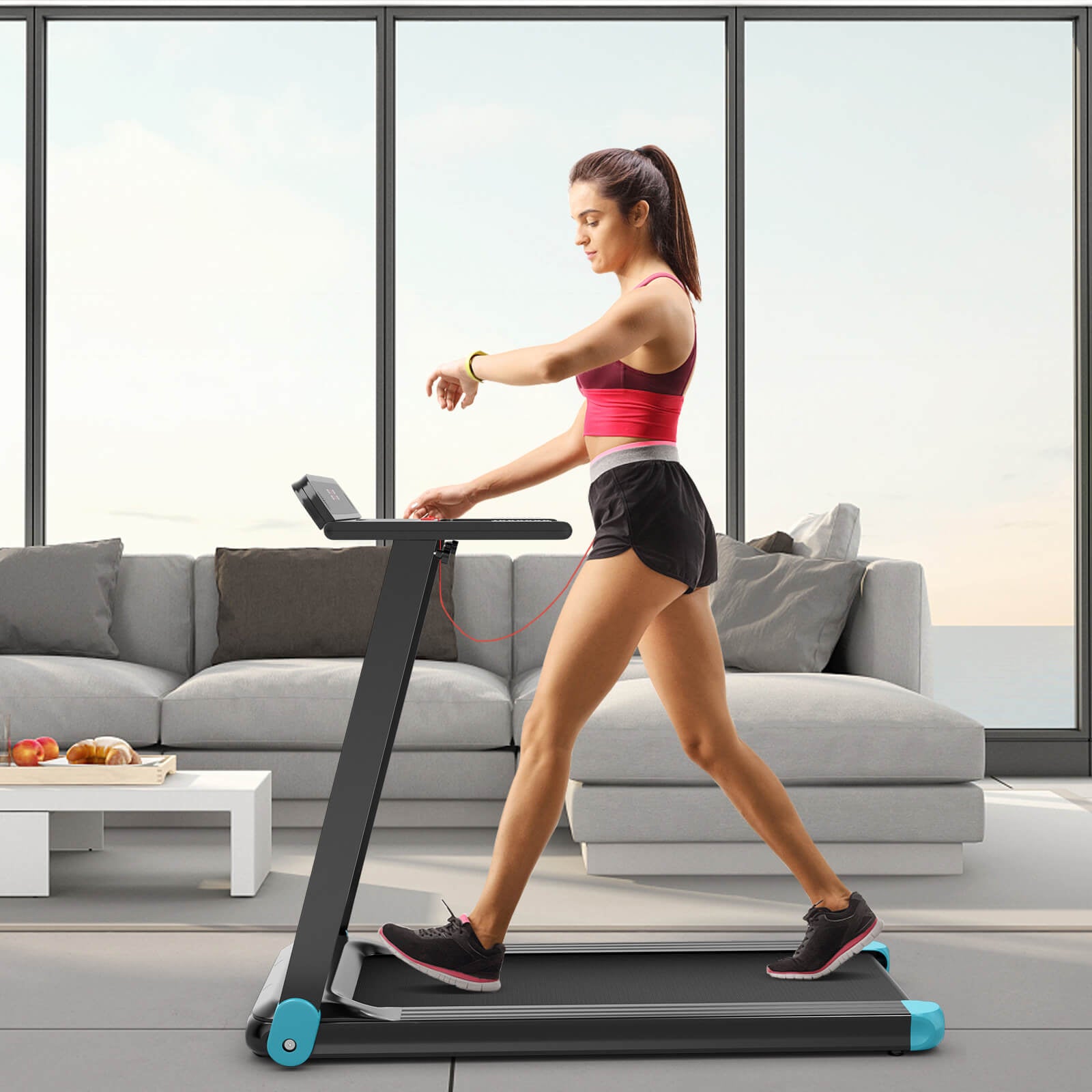Folding Electric Compact Walking Treadmill with APP Control Speaker, Blue Treadmills at Gallery Canada
