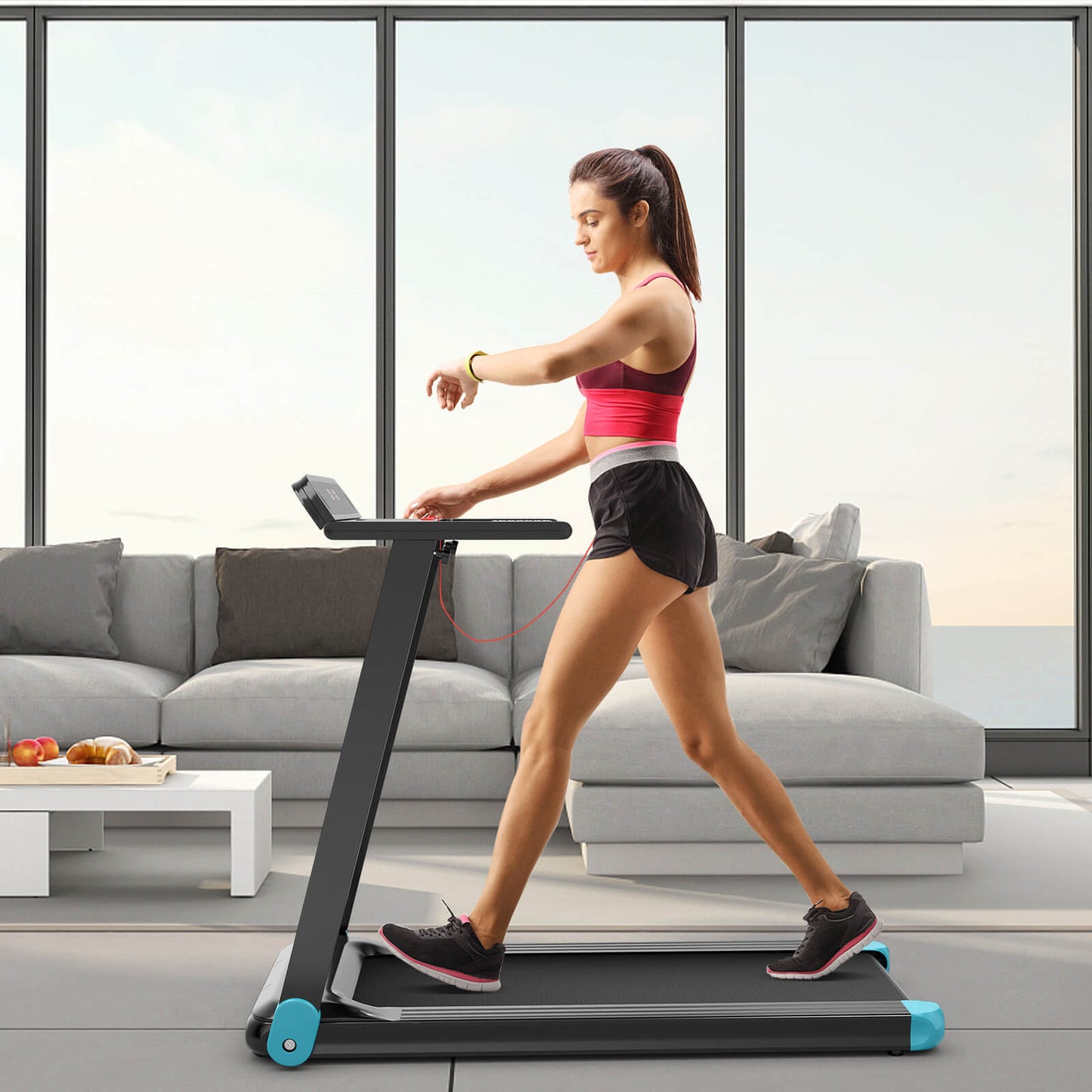 Folding Electric Compact Walking Treadmill with APP Control Speaker, Blue Treadmills at Gallery Canada