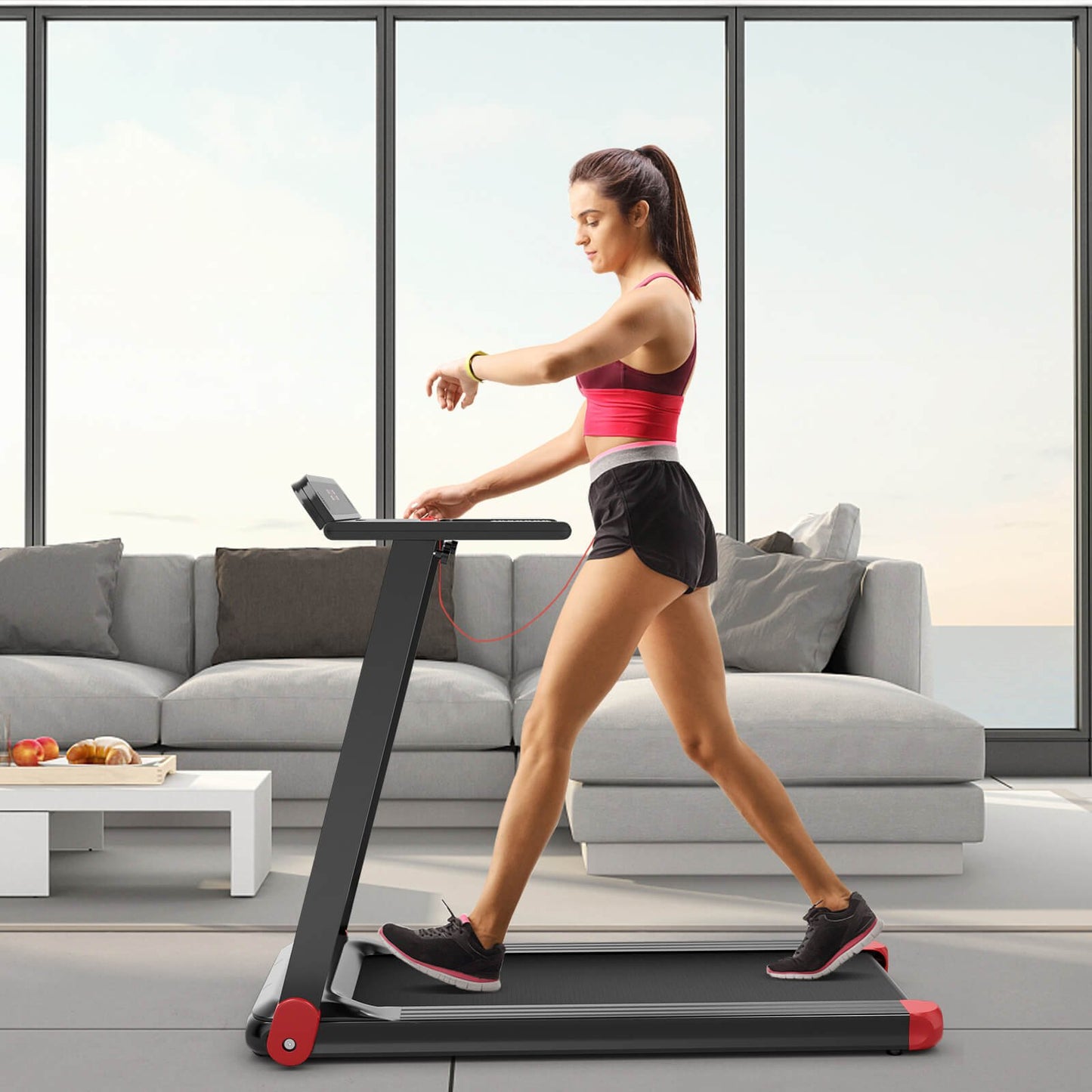 Folding Electric Compact Walking Treadmill with APP Control Speaker, Red