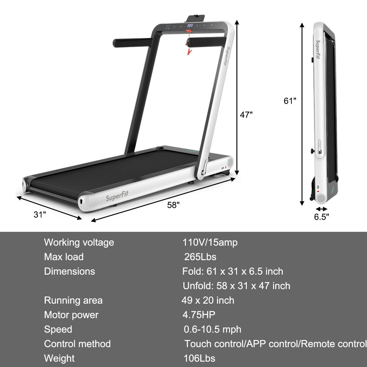 4.75HP 2 In 1 Folding Treadmill, Remote APP Control, White Treadmills at Gallery Canada