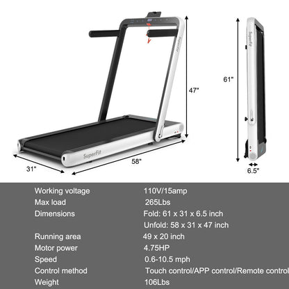 4.75HP 2 In 1 Folding Treadmill, Remote APP Control, White Treadmills at Gallery Canada