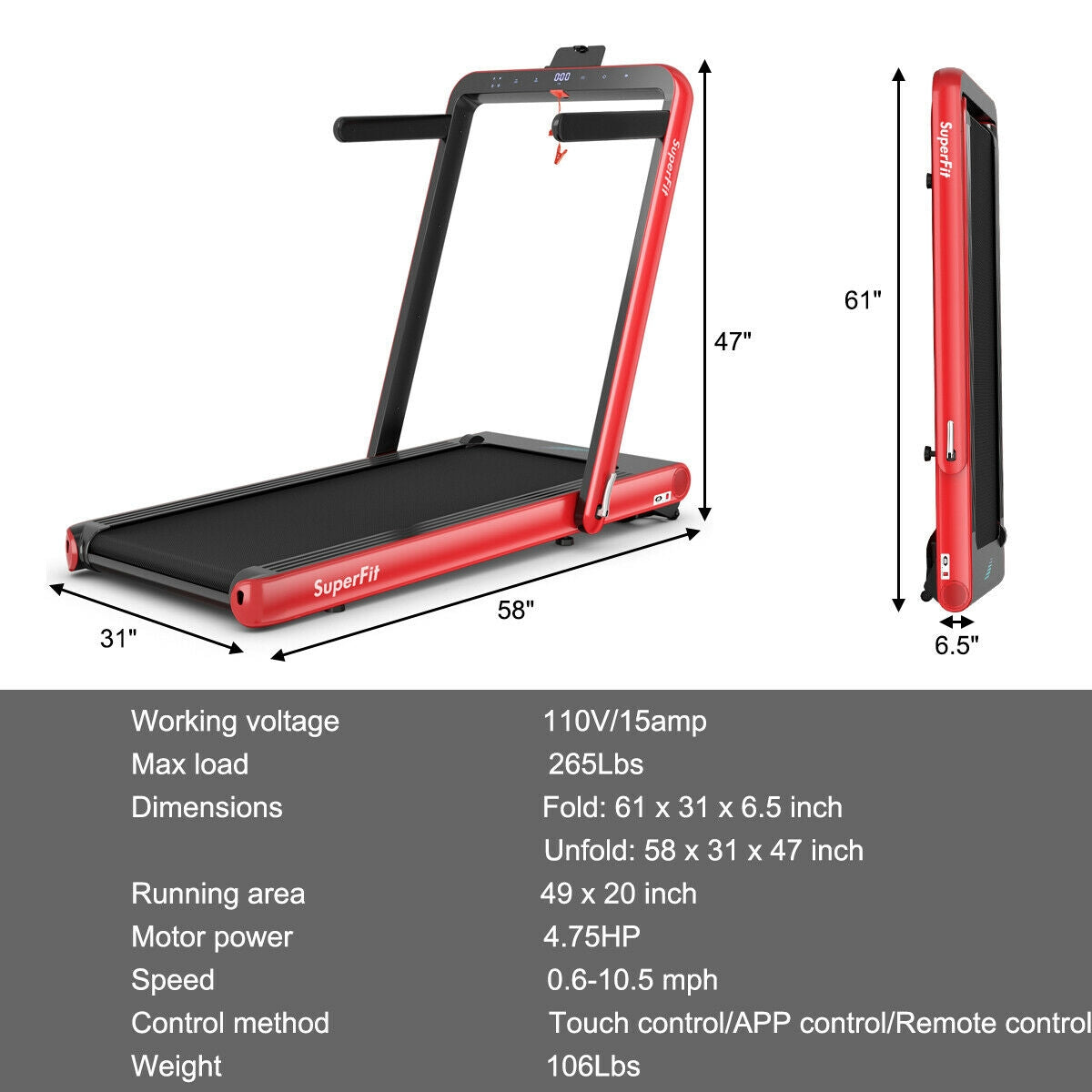 4.75HP 2 In 1 Folding Treadmill with Remote APP Control, Red Treadmills at Gallery Canada